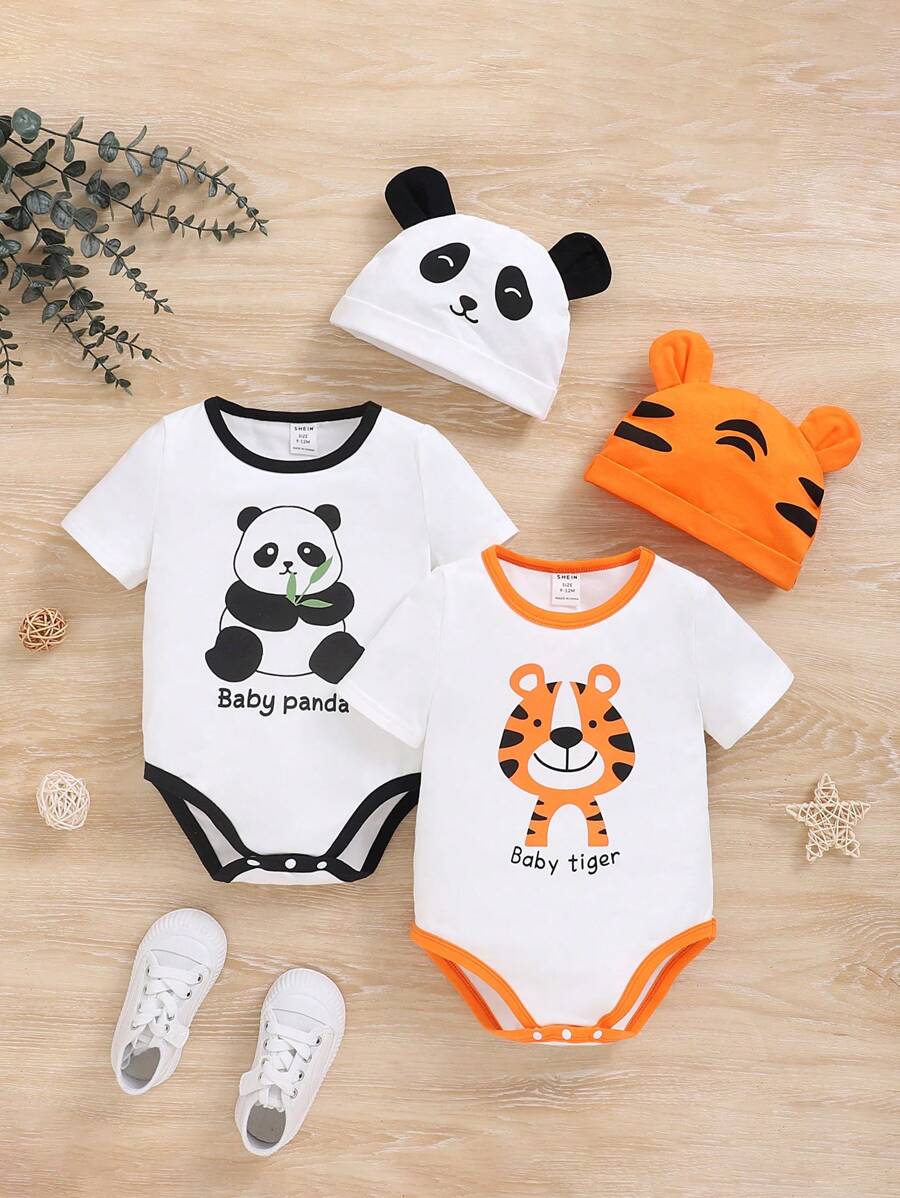 SHEIN Baby Boys' Cute Panda & Tiger Pattern Color Block Bodysuit Hat 4pcs Outfit Set - Multicolor - View 1