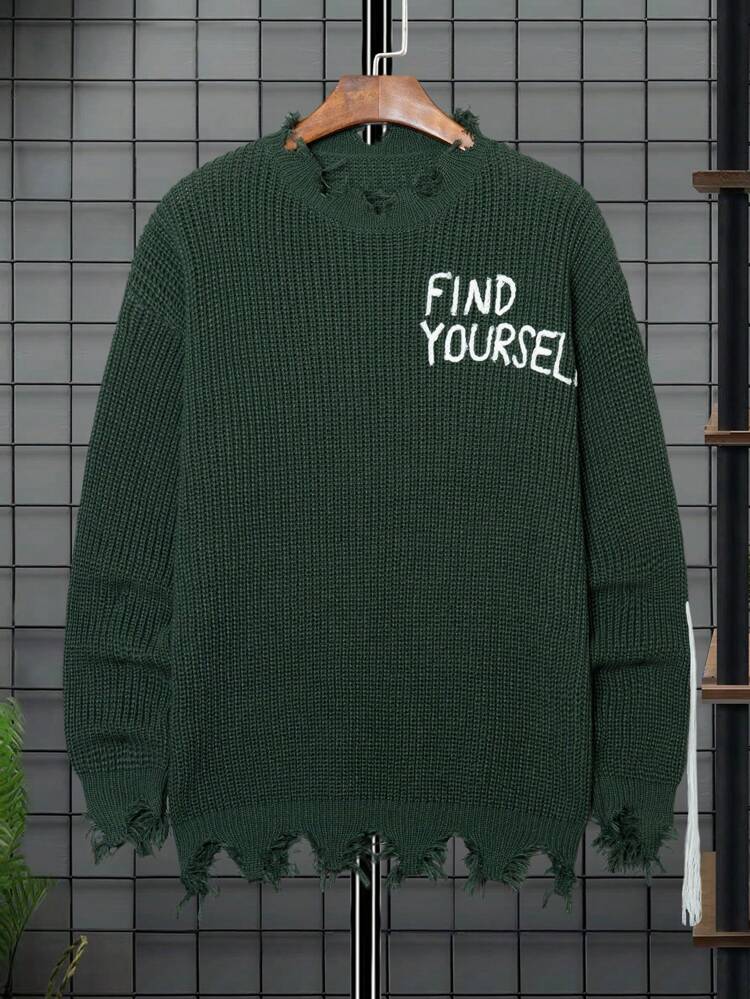 Men's Distressed Sweater With Letter Embroidery