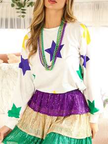Áo cánh tay dài cổ tròn in hình ngôi sao Mardi Gras phong cách Boho dành cho nữ - trắng - Xem 3