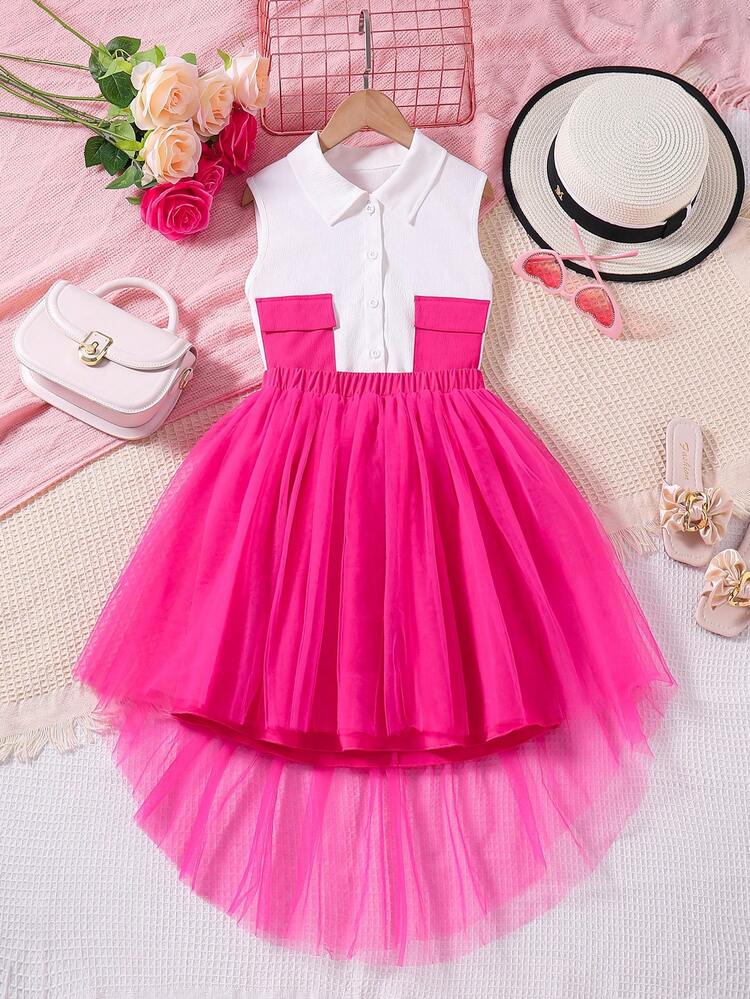 Tween Girls' Colorblock Pocket Sleeveless Blouse And Mesh Skirt Outfit, Suitable For Party In Summer