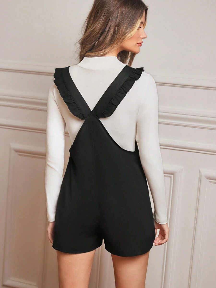 SHEIN Frenchy Ruffled Embellished Button Front Romper For Summer Black Casual - Black - View 1