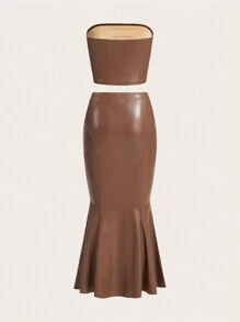 SHEIN Privé Women's Strapless Ruched And High Waist Split Hem Bodycon Skirt 2pcs/Set - Brown - View 9