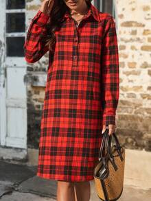 SHEIN Clasi 女性格子印花長袖連衣裙 - 紅色 - 查看 4