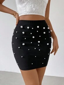 SHEIN Privé Falda Lápiz Negra De Cintura Alta Con Detalle De Drapeado Y Cuentas Para Mujeres, Ideal Para El Desplazamiento - Negro - Ver 1