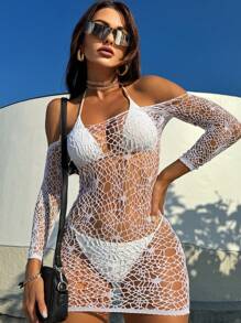 Swim SXY Summer Beach Women's Off Shoulder Long Sleeve Hollow Out Cover Up Dress - White - View 5