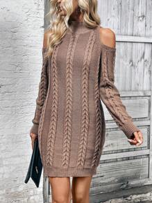 SHEIN Frenchy 女款露肩長袖毛衣裙 - 卡其色 - 查看 5