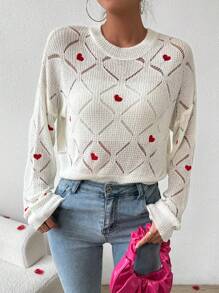 SHEIN LUNE Ladies' Heart Embroidery Hollow Out Knitted Sweater - White - View 6