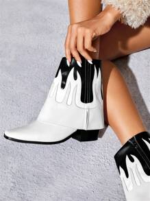 SheIn SXY Botas De Tacón Grueso Con Patrón De Fuego Y Bloques De Colores - Blanco y Negro - Ver 4