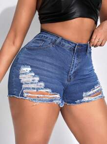 SHEIN SXY Plus Size Women'S Frayed & Distressed Denim Shorts - Blue - View 4