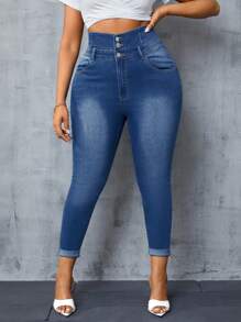 SHEIN SXY 大尺碼女士修身牛仔褲 - 中等水洗藍 - 查看 1