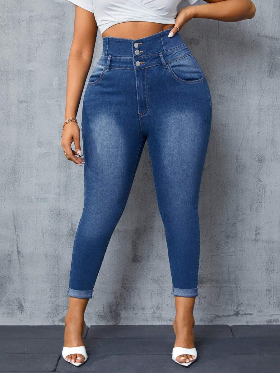 SHEIN SXY 大尺碼女士修身牛仔褲 - 中等水洗藍 - 查看 1