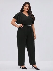BizChic Women's Plus Size V-neck Ruffle Sleeve Straight Wide Leg Jumpsuit - Black - View 6