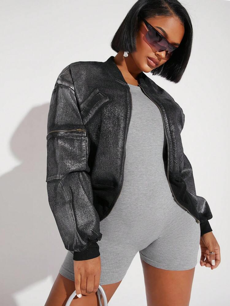 Metallic Denim Ribbed Bomber Jacket