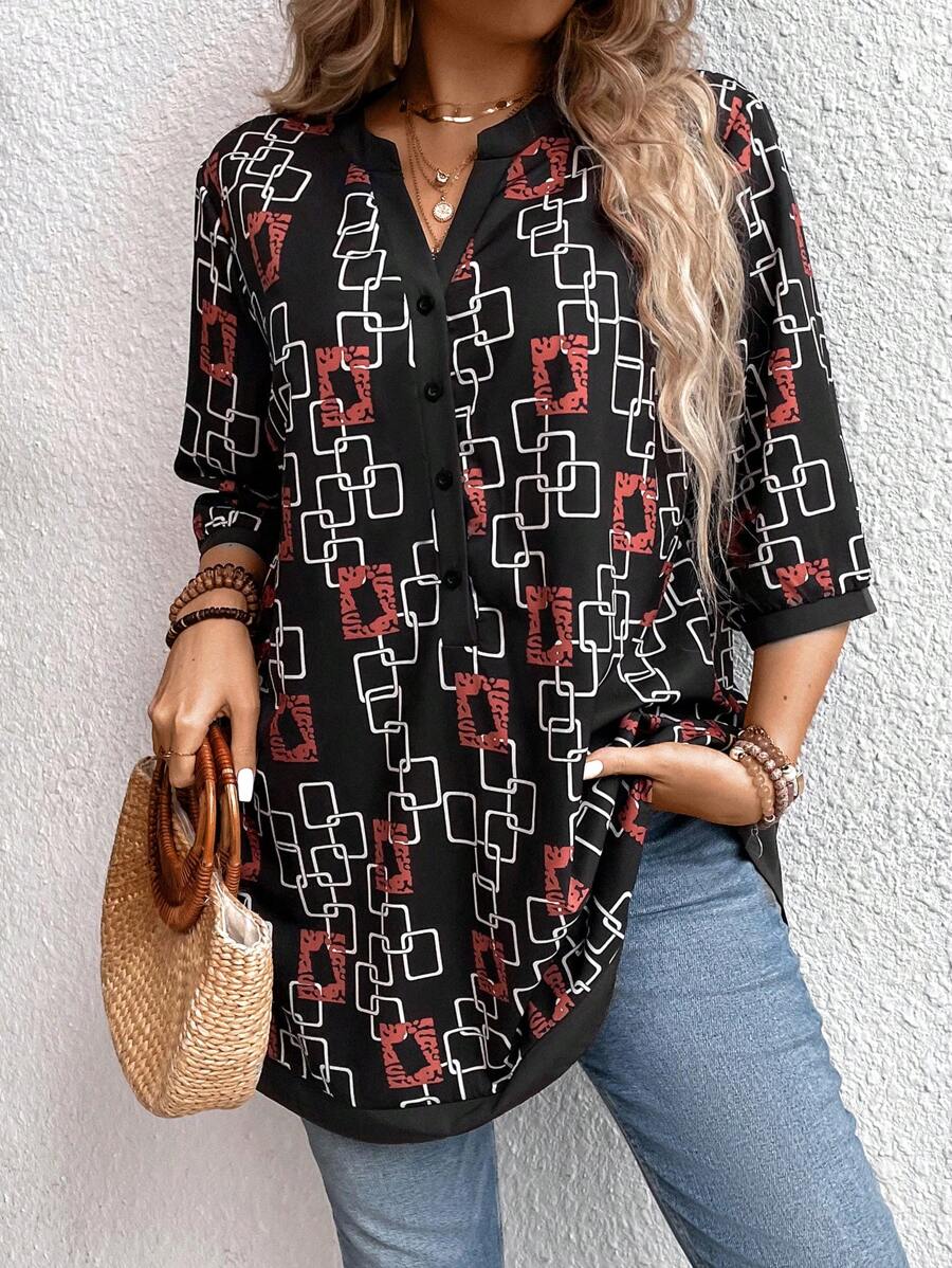 EMERY ROSE Plus Size Women's Geometric Pattern Notched Collar Blouse Women Shirt - Brown - View 1