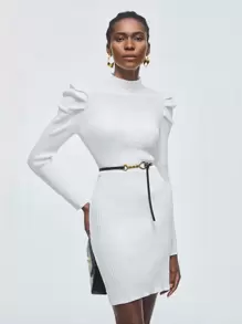 BizChic Vestido De Malha Com Gola Alta E Manga Leg-of-mutton Para Mulheres, Cor Sólida - Branco - Ver 4