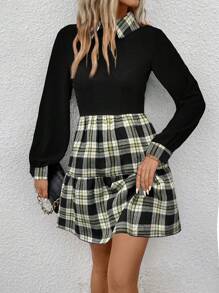 SHEIN Essnce 格紋拼接連衣裙 - 黑色 - 查看 3