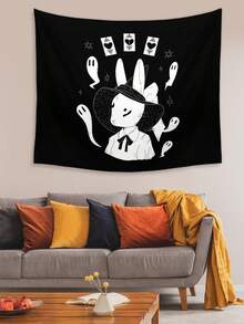 Ailko 1入組卡通手繪兔子＆鬼魂圖案涤纶掛毯,適用於日常客廳＆臥室牆壁裝飾,露營配件,多季使用掛毯 - 彩色 - 查看 7
