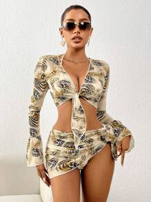 SHEIN Swim 碎花拼接豹纹分体比基尼套装夏日海滩 - 彩色 - 查看 3