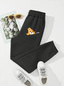 SHEIN EZwear 女款卡通熊印花運動鬆緊帶束口汗褲 - 黑色 - 查看 1