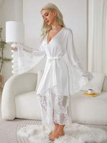 Women's Satin Robe With Lace Edge - White - View 4