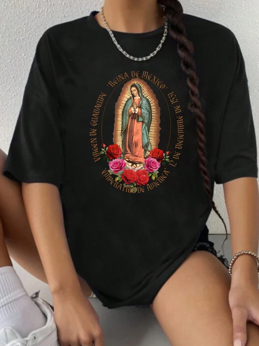 SHEIN EZwear 圖案圓領t恤 - 黑色 - 查看 1