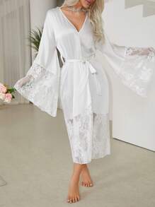 Women's Satin Robe With Lace Edge - White - View 3