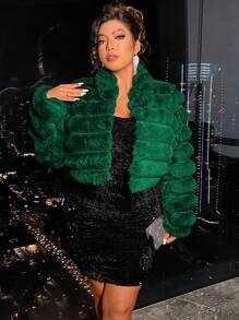 Cravure Plus Size Open Front Fuzzy Coat - Dark Green - View 3