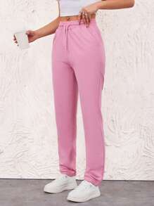 SHEIN Cottnline Pantalones Deportivos De Cintura Con Cordón De Color Liso Para Mujer - Rosa Pálido - Ver 5