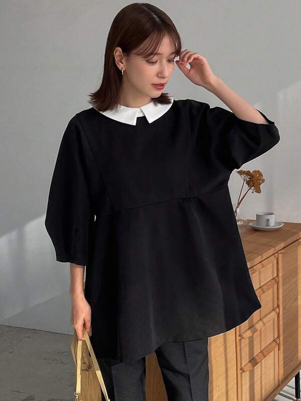 FRIFUL Color Block Peter Pan Collar Lantern Sleeve Blouse,Ruffle Long Sleeve Top