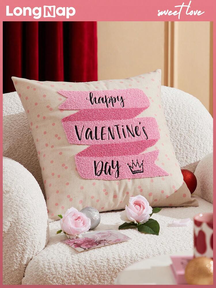 1pc Embroidery Linen Y2K Pink Romantic Decorative Cushion Cover, Chic Home Decor, Throw Pillowcase Without Filler, Sweet Wedding Essentials