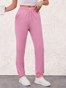 SHEIN Cottnline Pantalones Deportivos De Cintura Con Cordón De Color Liso Para Mujer - Rosa Pálido - Ver 4