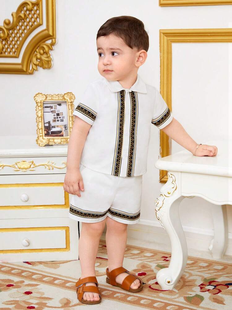 Baby Boys' Traditional Pattern Decorated Collar With Weave Tape Cardigan And Casual Shorts 2pcs/Set