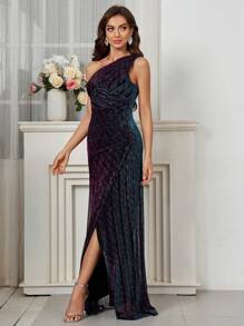 SHEIN Belle Ladies One Shoulder Sleeveless Split Hem Dress - Navy Blue - View 6