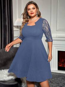 SHEIN Clasi 大尺碼蕾絲拼接洋裝 - 霧霾藍 - 查看 3