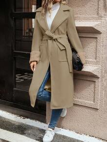 SHEIN Frenchy 翻領雙口袋大衣 - 杏色 - 查看 4