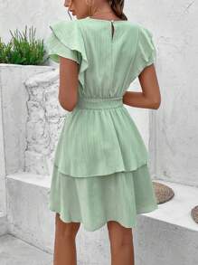Chiquease Women'S Double Layered Ruffle Sleeve Waist Shirred Dress - Mint Green - View 3
