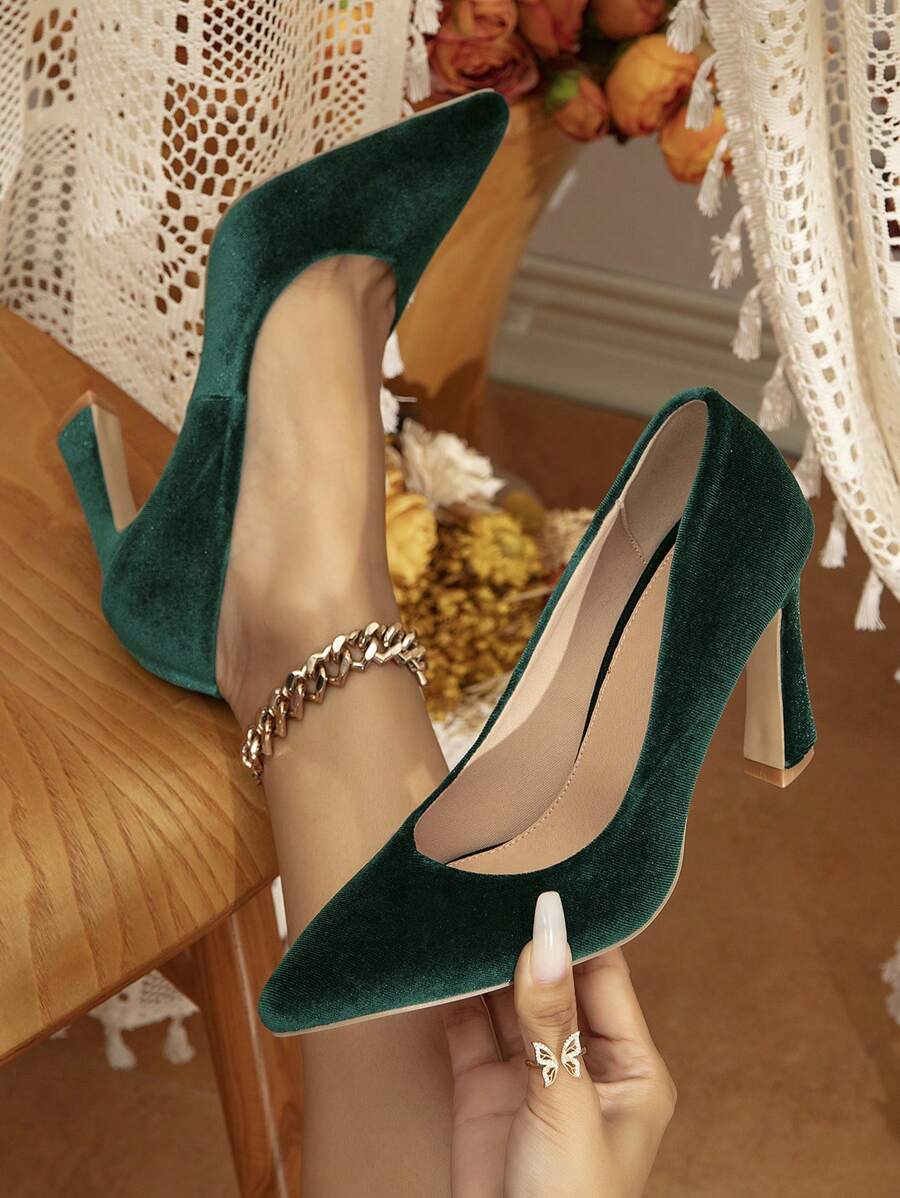 Women's Pointed Toe Emerald Green Asymmetric Chunky Heel High Heels - Dark Green - View 1