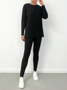 SHEIN Cottnline Women's Long Ribbed T-Shirt And Leggings 2pcs/Set - Black - View 5
