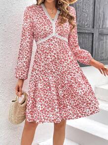 Breezaya Lace Trimmed Floral Printed Dress