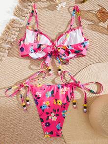 SHEIN Swim 女士花卉印花前结比基尼套装情人节夏日海滩 - 彩色 - 查看 2