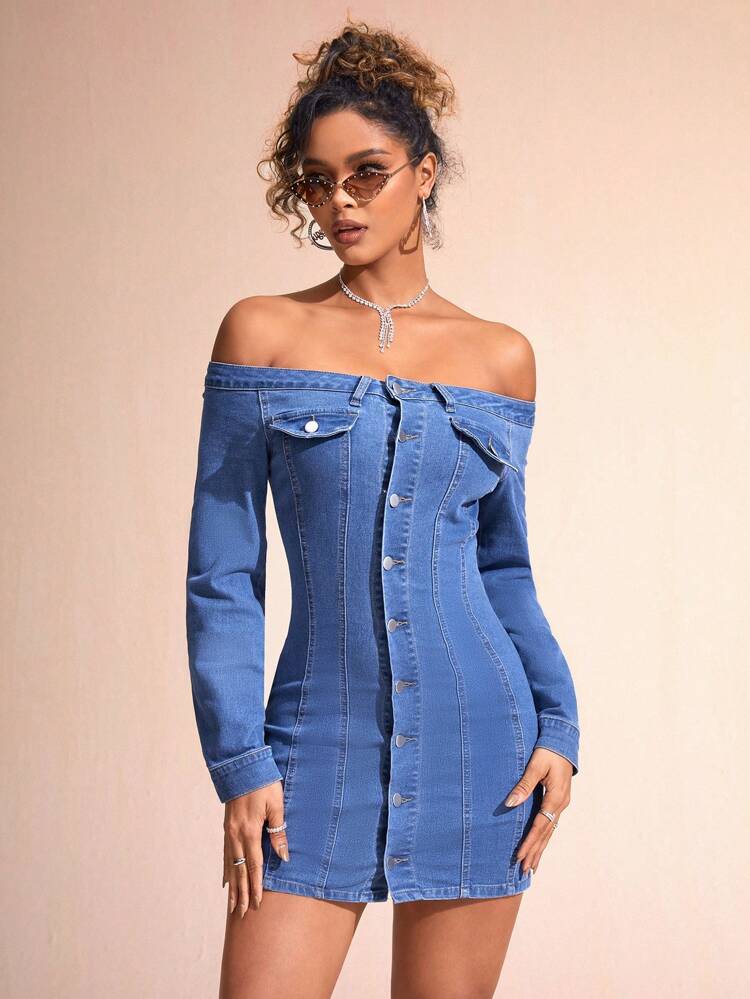 Off-Shoulder Long Sleeve Denim Dress