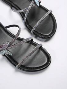 Colorful Rhinestone Butterfly Design Multiple Straps Women's Outdoor Slipper Sandals, French Style Summer Autumn Women's Fashion Black Slippers - Black - View 4