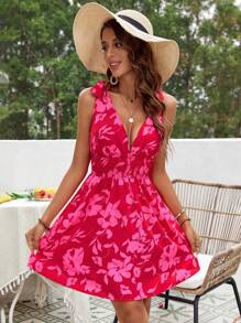 SHEIN VCAY Của phụ nữ In thực vật Eo Buộc Không tay Đầm xếp ly - Hồng - Xem 4