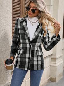 SHEIN LUNE Long Sleeve Plaid Pattern Suit Jacket - Black - View 5