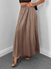 EURMUSE Solid Pleated Flare Skirt - Chocolate Brown - View 4