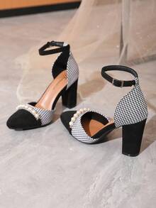 Timesize Women's High-Heeled Sandals With Pearl Chain Detailing Thick Heel Sandals New Arrivals Color-Block Black Summer Shoes - Multicolor - View 5