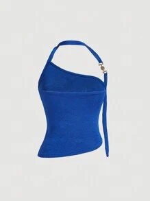 SHEIN MOD Regata Feminina Plissada Com Decote Assimétrico - Azul Royal - Visão 2