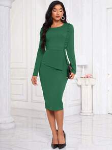 SHEIN Lady Women's Peplum Hem & Split Back Dress With Frill Trim - Dark Green - View 3