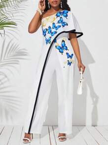 SHEIN Lady Mono De Una Sola Pieza De Pierna Ancha Con Un Solo Hombro Estampado De Mariposa Para Mujeres - Multicolor - Ver 5