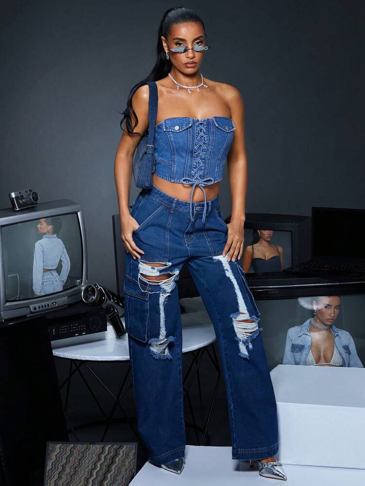 Sexy Women'S Denim Top With Front Tie